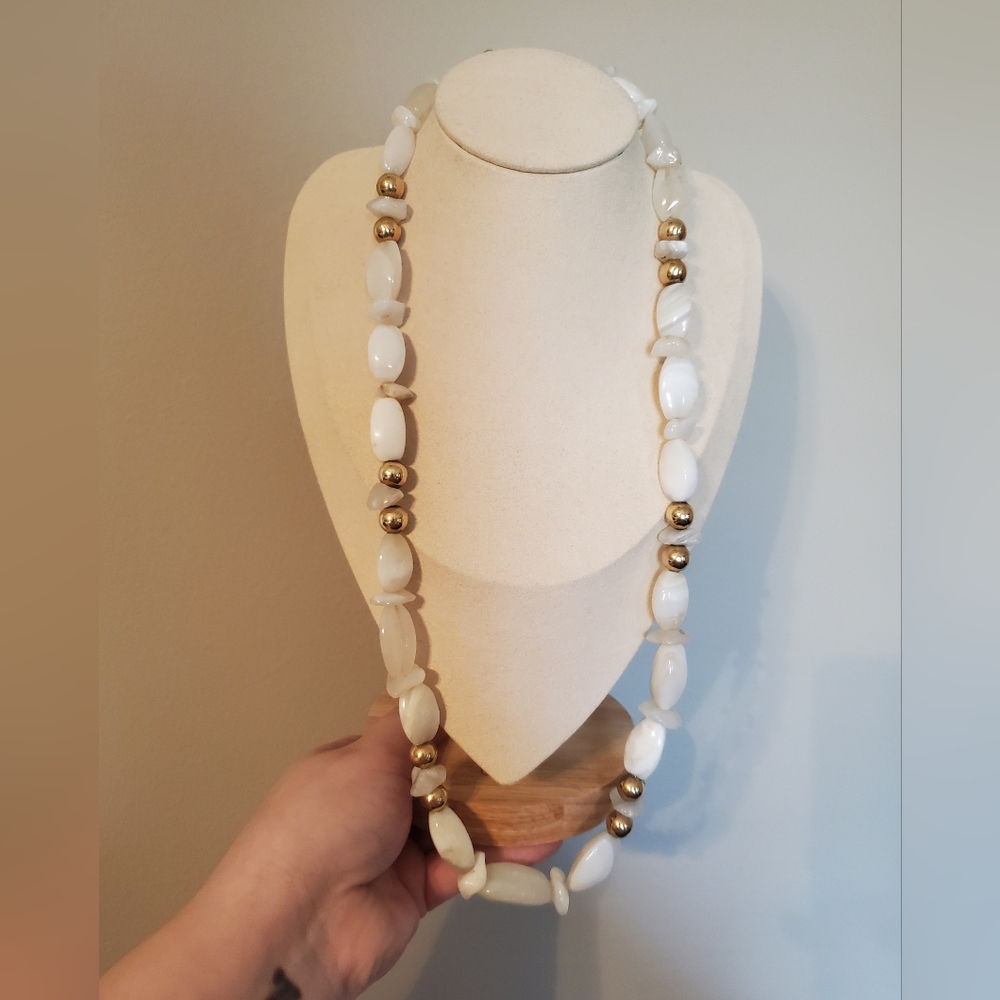 Vintage Stone and Gold Beaded Necklace with Fish Hook Clasp
